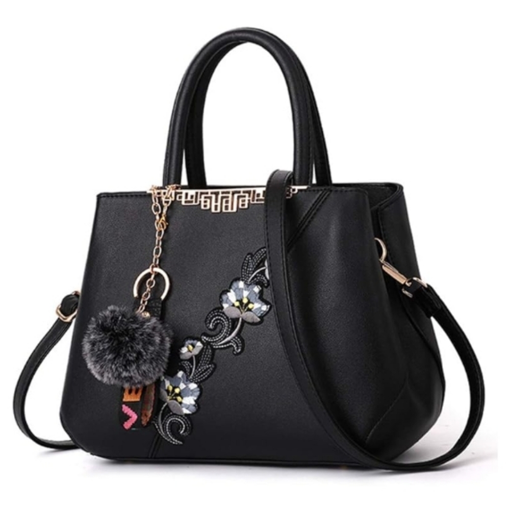 Handbag Embroidery Top Handle Shoulder Bag Tote Purse Black